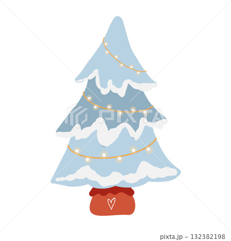 Vector flat illustration of a small Christmas tree in a bag. Blue tree with garland isolated on a white background. Decorative simplified New Years tree. Christmas decor. 132382198