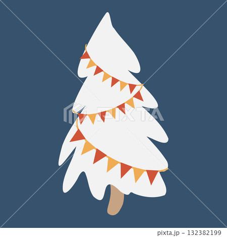 Vector flat illustration of a Christmas tree in retro style. Vintage silhouette of a white tree with a paper garland on a dark blue background. Decorative simplified New Years tree 132382199