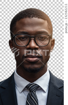 A Black male leader with a clean-shaven face and sharp glasses, his thoughtful gaze surrounded by radiant beams, representing strategic 132382211