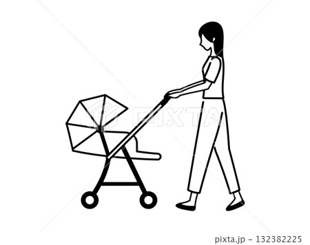 ベビーカーと女性_モノクロ 132382225