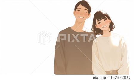 幸せな笑顔のカップルが寄り添うシンプルな白背景「生成AI」 132382827