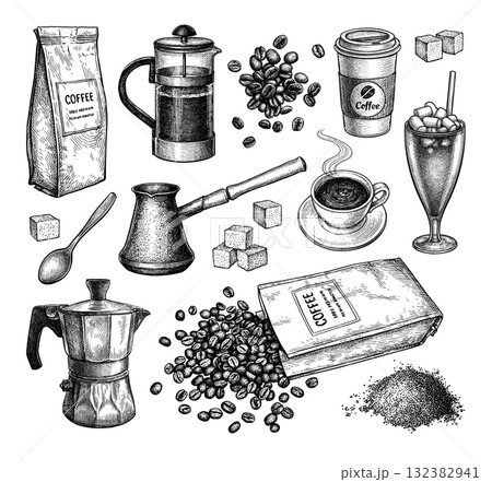 Coffee set illustration vintage engraving Coffee set illustration vintage engraving 132382941