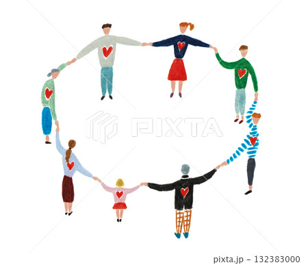 手描きイラスト　輪になって手をつなぐ人々	 132383000