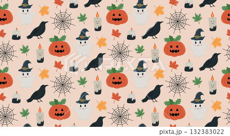 A cute, seamless vector Halloween pattern. Features witch-hat ghosts, jack-o'-lanterns, crows, webs, and candles 132383022