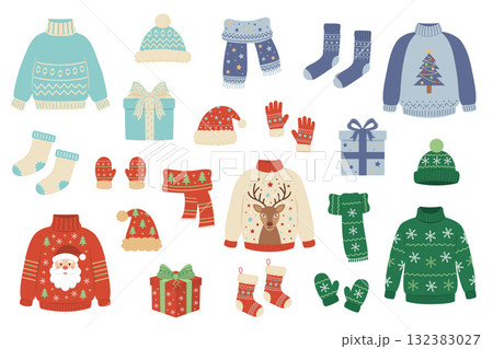 A cute vector set of cozy Christmas clothes and accessories. Includes ugly sweaters, hats, scarves, socks, mittens 132383027
