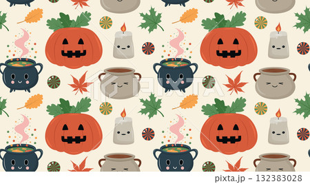 A cute, seamless vector Halloween pattern. Features smiling jack-o'-lanterns, bubbling cauldrons, happy candles, and autumn leaves A cute, seamless vector Halloween pattern. Features smiling jack-o'-lanterns, bubbling cauldrons, happy candles, and autumn leaves 132383028