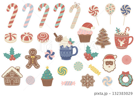 A cute vector set of Christmas sweets and pastries. Includes cupcakes, candy canes, gingerbread man, lollipops, peppermint 132383029