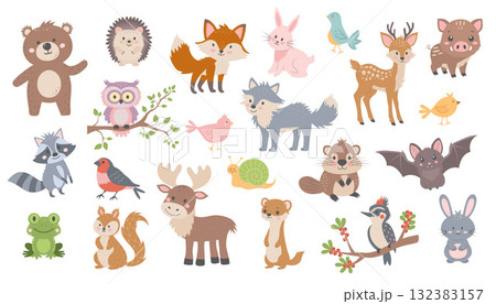 Cute woodland forest animals in cartoon style. Baby art for nursery design and prints 132383157
