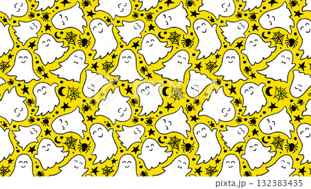 White Ghosts Halloween Cute Illustrations Vector Seamless Pattern on Yellow. Design for Party Wrapping Paper or Wallpaper Background White Ghosts Halloween Cute Illustrations Vector Seamless Pattern on Yellow. Design for Party Wrapping Paper or Wallpaper Background 132383435