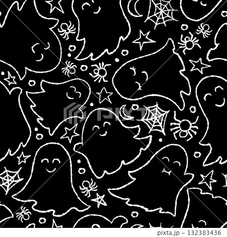 Black and White Ghosts Halloween Cute Illustrations Vector Seamless Pattern. Design for Party Wrapping Paper or Wallpaper Background 132383436