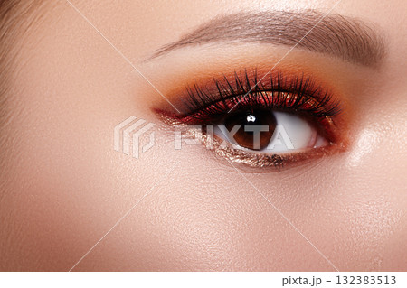 Closeup Macro of Woman Face with Bright Eyes Make-up. Fashion Celebrate Makeup, Glowy Clean Skin, perfect Shapes Brows Closeup Macro of Woman Face with Bright Eyes Make-up. Fashion Celebrate Makeup, Glowy Clean Skin, perfect Shapes Brows 132383513