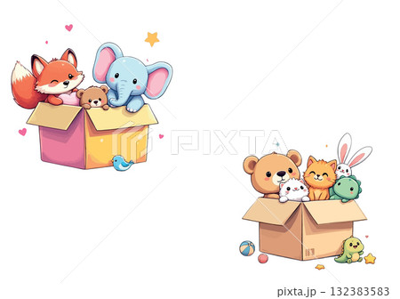 Vsai adorable cartoon animals playing inside cardboard boxes 132383583