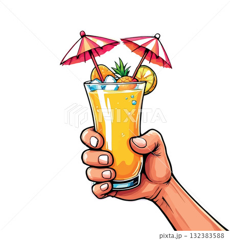 Vsai hand holding tropical cocktail with fruit, ice, and umbrellas 132383588