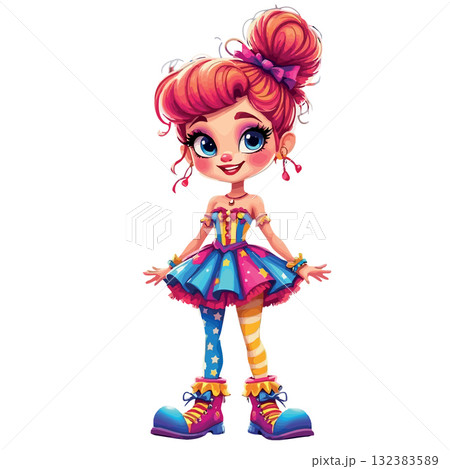 Vsai smiling cartoon clown girl wearing colorful costume Vsai smiling cartoon clown girl wearing colorful costume 132383589