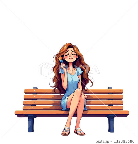 Vsai sad woman holding ice cream sitting on bench, summer heat exhaustion 132383590