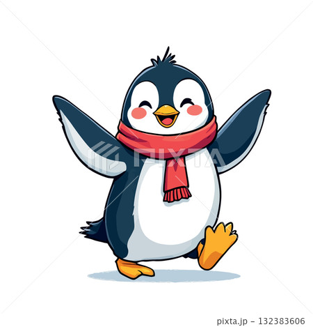 Vsai happy penguin wearing red scarf walking and raising wings Vsai happy penguin wearing red scarf walking and raising wings 132383606
