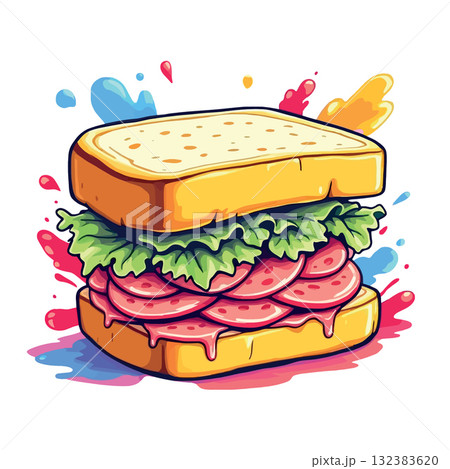 Vsai tasty sandwich with salami, lettuce and colorful splashes representing delicious flavors Vsai tasty sandwich with salami, lettuce and colorful splashes representing delicious flavors 132383620