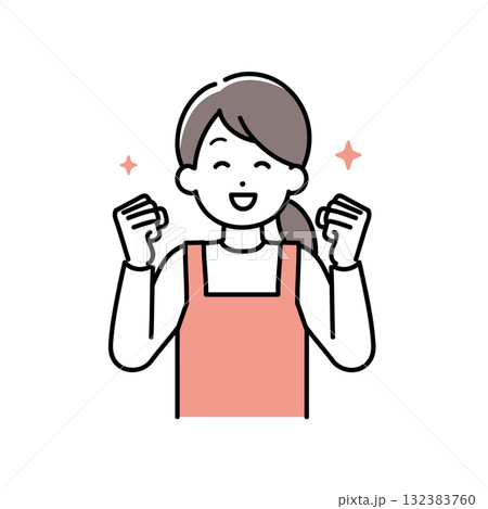 両手でガッツポーズをして喜ぶ主婦(保育士、家事代行)のイラスト 132383760