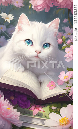 本を読んでいるような可愛い白猫とピンクの花 132383822