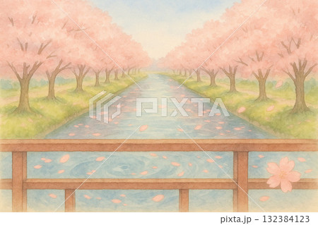 桜シリーズ：橋の上から見た桜並木 132384123