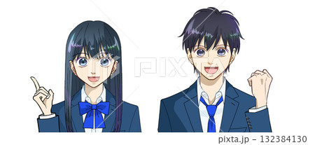 嬉しい、わかった、ひらめいた、明るい表情の高校生または中学生の男女のアニメ風イラスト、白バック 132384130