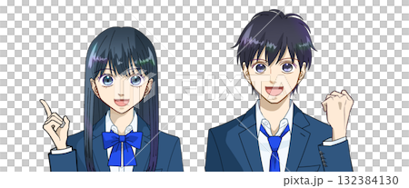 嬉しい、わかった、ひらめいた、明るい表情の高校生または中学生の男女のアニメ風イラスト、白バック 132384130