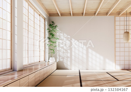 Japanese minimalist empty room interior with shoji sliding doors and soft sunlight on tatami floor, 3D render Japanese minimalist empty room interior with shoji sliding doors and soft sunlight on tatami floor, 3D render 132384167