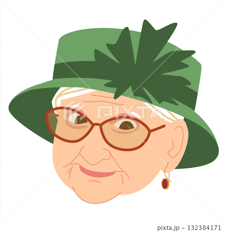 Portrait of a grandmother in a green hat on a transparent background 132384171