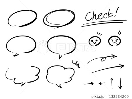 ペンの手書き矢印とあしらいのベクターイラストセット (線画・モノクロ) 132384209