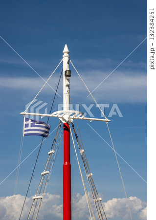 Boat mast with greek flag, Corfu (Korfu), Greece 132384251