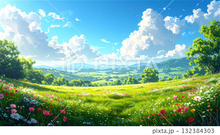 美しい青空と入道雲の下、地平線まで続く緑の丘とワイルドフラワーの草原。 132384303