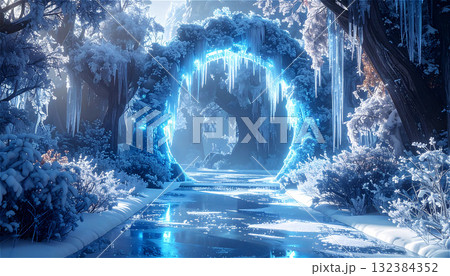 氷柱が下がる青い光のゲートが輝く雪景色、氷点下の森の幻想的な冬の風景。 132384352