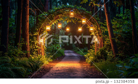 夜の森の小道を優しく照らすランタン、蔦が絡んだアーチのイルミネーション。 夜の森の小道を優しく照らすランタン、蔦が絡んだアーチのイルミネーション。 132384358