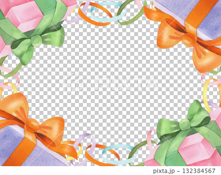 Restangular frame of paper garland and gift box. Watercolor illustration. For fabric, wallpaper, packing paper, greeting cards, design, decoration and illustration. Restangular frame of paper garland and gift box. Watercolor illustration. For fabric, wallpaper, packing paper, greeting cards, design, decoration and illustration. 132384567