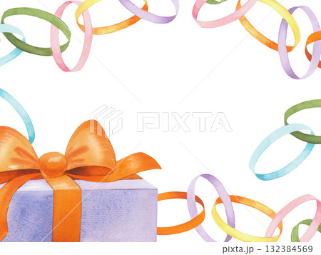 Restangular frame of paper garland and gift box. Watercolor illustration. For fabric, wallpaper, packing paper, greeting cards, design, decoration and illustration. Restangular frame of paper garland and gift box. Watercolor illustration. For fabric, wallpaper, packing paper, greeting cards, design, decoration and illustration. 132384569