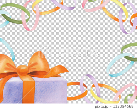 Restangular frame of paper garland and gift box. Watercolor illustration. For fabric, wallpaper, packing paper, greeting cards, design, decoration and illustration. Restangular frame of paper garland and gift box. Watercolor illustration. For fabric, wallpaper, packing paper, greeting cards, design, decoration and illustration. 132384569