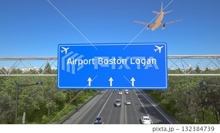 Blue motorway sign for Boston Logan Airport with an airliner flying above along the road toward the airport. 3D rendering 132384739