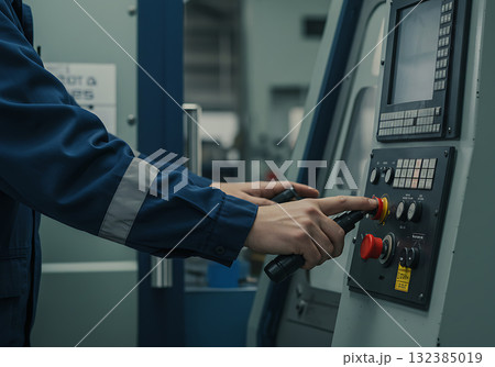 Close-up of a worker's hands operating an industrial CNC machine. An engineer pressing a button on the control panel in a factory. Manufacturing and technology concept 132385019