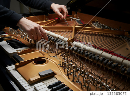 A piano tuner working on the internal mechanism of a grand piano. Close-up of a craftsman adjusting the strings. Musical instrument maintenance and repair A piano tuner working on the internal mechanism of a grand piano. Close-up of a craftsman adjusting the strings. Musical instrument maintenance and repair 132385075