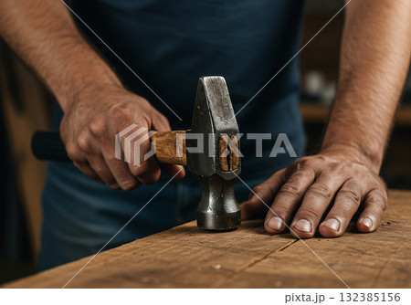 A craftsman's hands holding a hammer on a wooden plank in a workshop. Close-up of a carpenter at work. Manual labor and woodworking concept A craftsman's hands holding a hammer on a wooden plank in a workshop. Close-up of a carpenter at work. Manual labor and woodworking concept 132385156