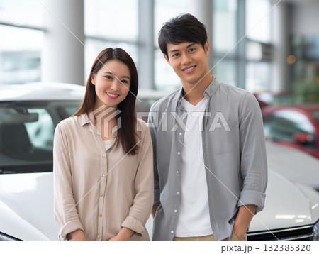 カーディーラーで笑顔のカップルが新車購入を検討する様子(ビジネス 広告 ライフスタイル) カーディーラーで笑顔のカップルが新車購入を検討する様子(ビジネス 広告 ライフスタイル) 132385320