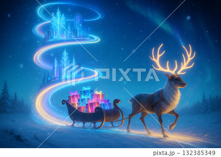 Magical Winter Scene with Glowing Reindeer Pulling Sleigh of Presents Under Starry Sky with Auroras and Fantastical Floating Cityscape Magical Winter Scene with Glowing Reindeer Pulling Sleigh of Presents Under Starry Sky with Auroras and Fantastical Floating Cityscape 132385349