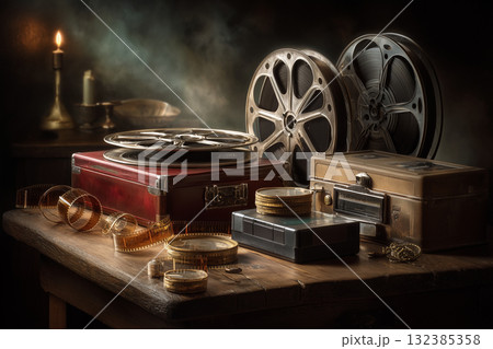 Nostalgic Cinema: Still Life of Old Movie Equipment, Film Strip, and Canisters with Dramatic Lighting Nostalgic Cinema: Still Life of Old Movie Equipment, Film Strip, and Canisters with Dramatic Lighting 132385358