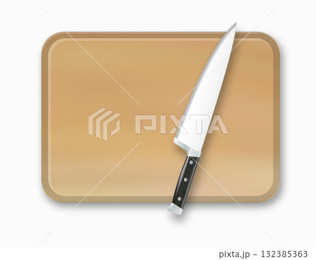 Wooden Cutting Board Kitchen Chopping Board for Food Preparation. Butcher Knife for Meat Cutting. Vector 132385363