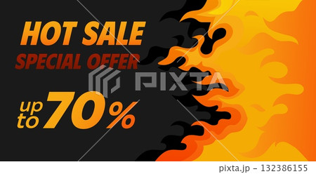 Hot Sale Special Offer Banner Template. Super Sale Black Friday Promotion Fire Flames Against Black Background. 132386155