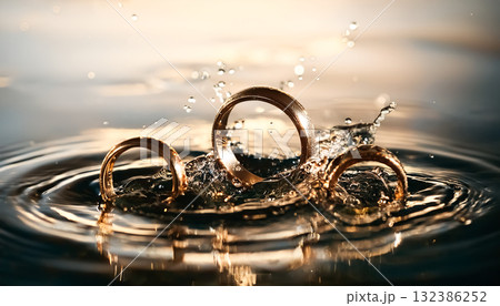 水面に跳ねるゴールドリングの瞬間 / 高級感と動きを捉えたジュエリーのビジュアル素材 水面に跳ねるゴールドリングの瞬間 / 高級感と動きを捉えたジュエリーのビジュアル素材 132386252