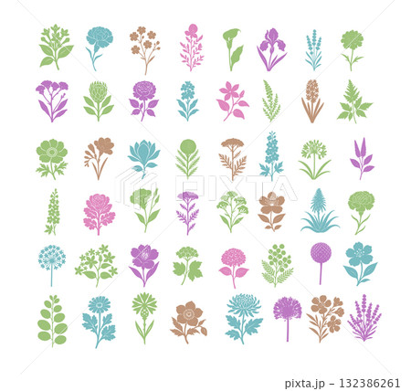 Collection of spring colorful flower elements vector. Set floral of wildflower, leaf branch, foliage on white background. Hand drawn blossom illustration for decor, easter, thanksgiving, clipart. 132386261