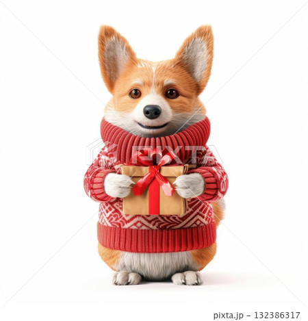 Playful Corgi in a Winter Sweater Holding a Christmas Gift: Joyful 3D Illustration for Holiday Projects Playful Corgi in a Winter Sweater Holding a Christmas Gift: Joyful 3D Illustration for Holiday Projects 132386317