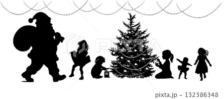 Silhouette of children decorating a Christmas tree. Hand drawn. Not AI, vector illustration. 132386348
