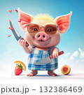 pig with a large knife, capturing the essence of autumn cooking and kitchen fun. Festive 3D illustration for fall. 132386469